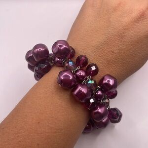 Vintage Large Purple Beaded Bangle Statement Cuff Bracelet